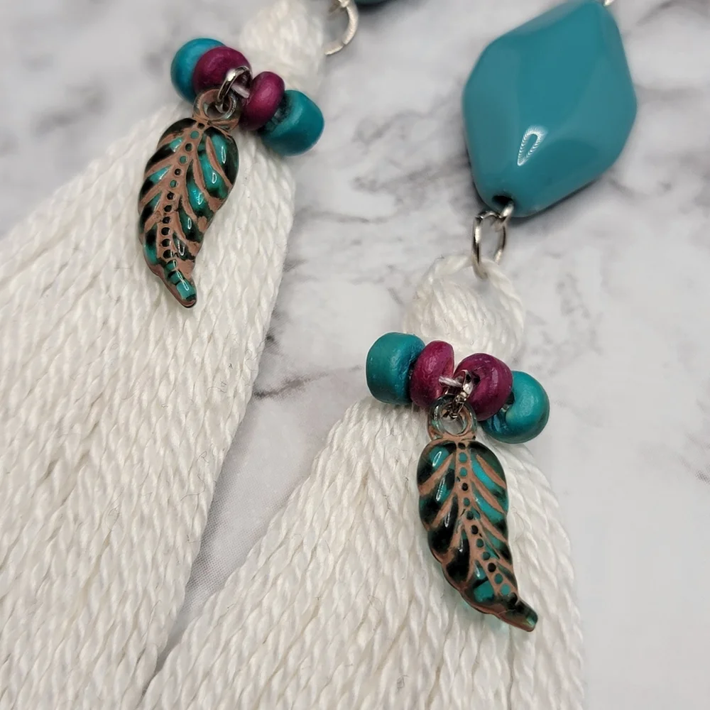 Handmade Tassel Earrings Beaded Turquoise Fuchsia and Feathers boho Hippie